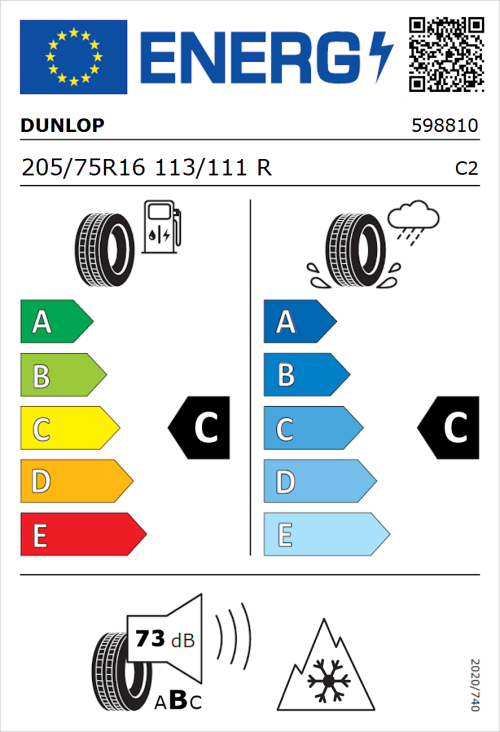 Tyre Label for Dunlop Econodrive Winter 205/75R16 113/111R